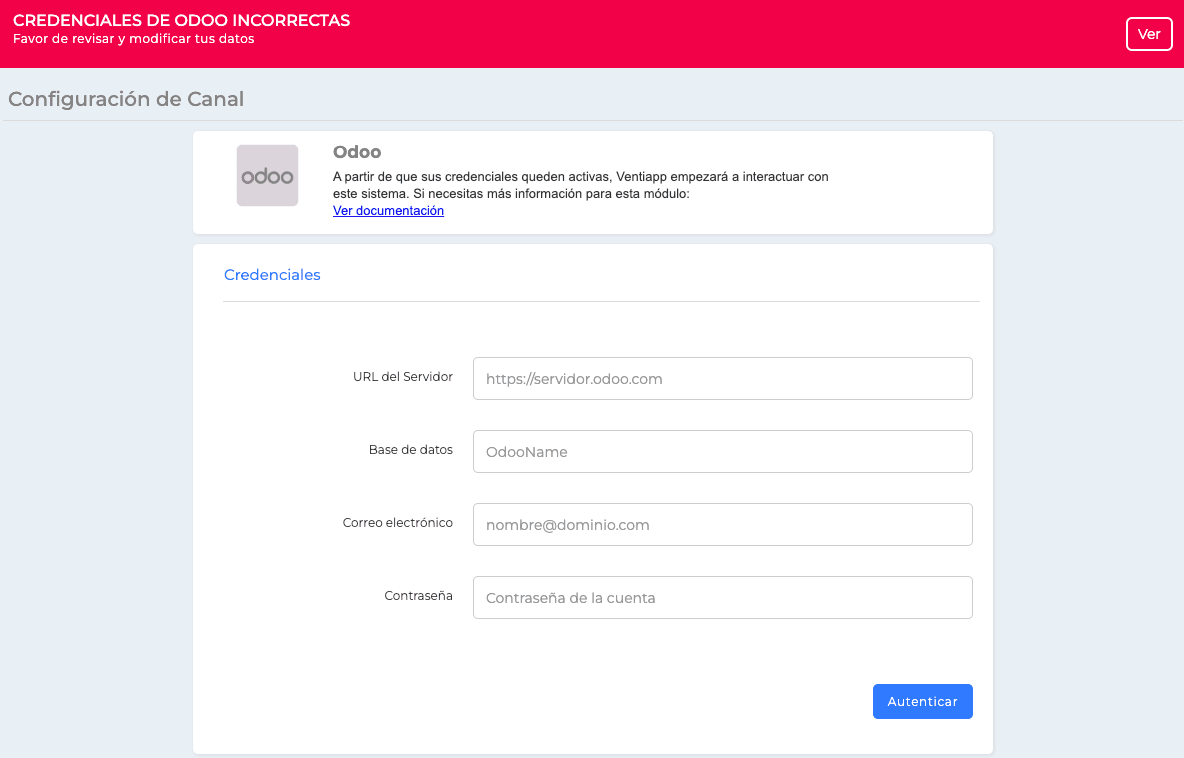 Credenciales de Odoo incorrectas