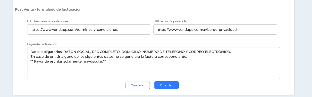 Configuración de formulario facturación Ventiapp - Legales