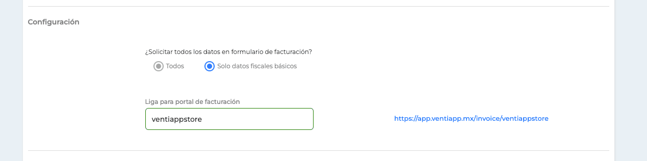 Configuración formulario de facturación Ventiapp - Liga de portal