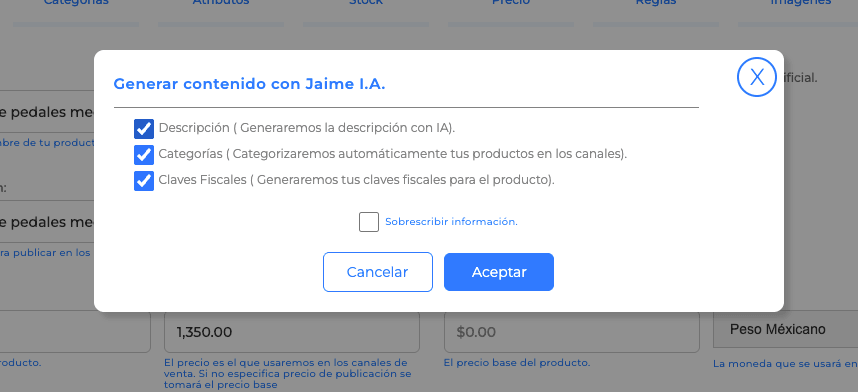 Opciones generar contenido con Jaime I.A.