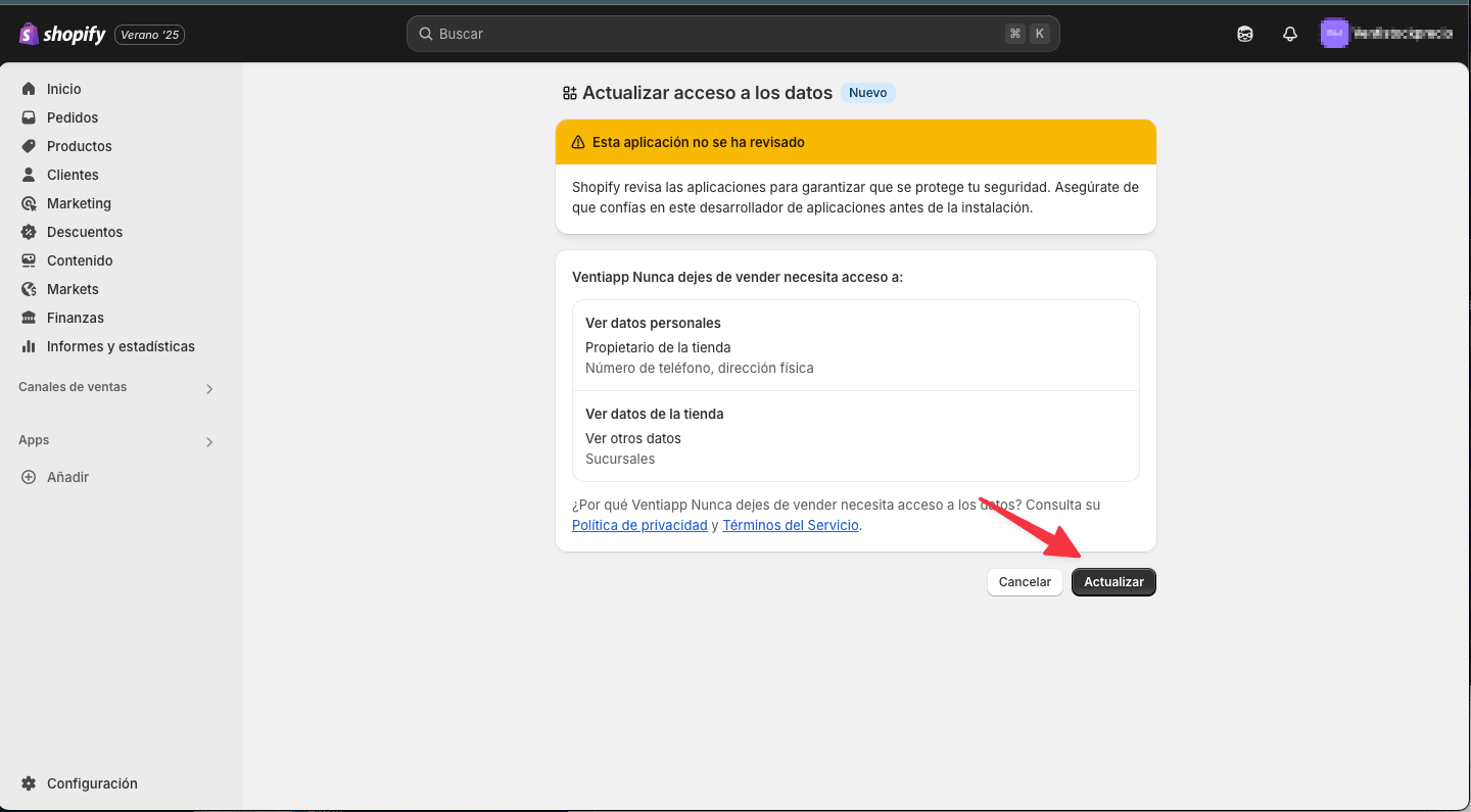 Shopify  - Actualizar acceso a datos