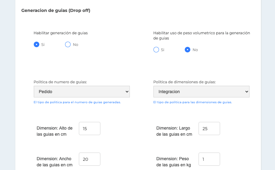 Configuración de Walmart - Generación de Guías