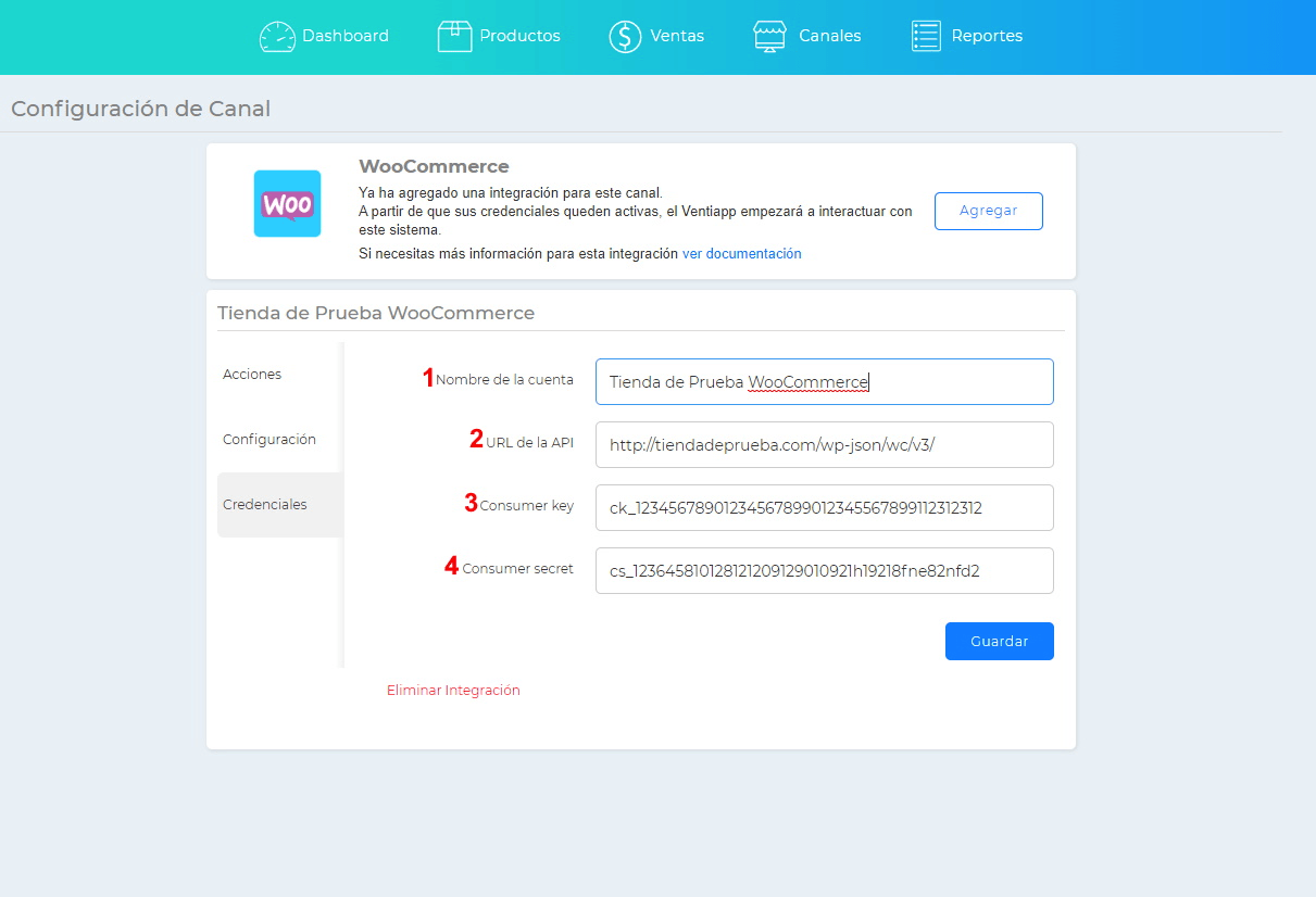 Pantalla para Ingresar las API keys de WooCommerce en Ventiapp