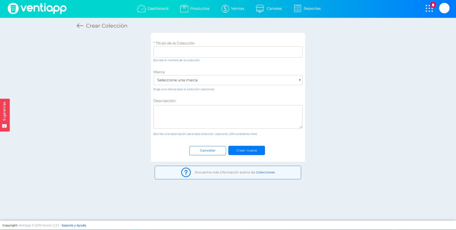 Pantalla para crear una colección nueva