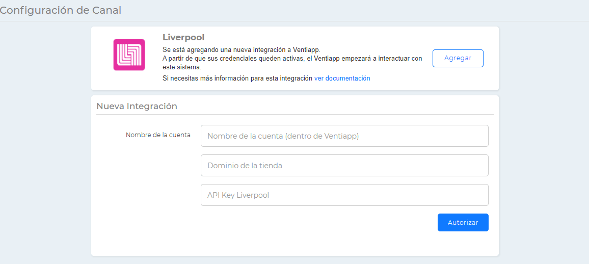Pantalla para agregar canal de Liverpool