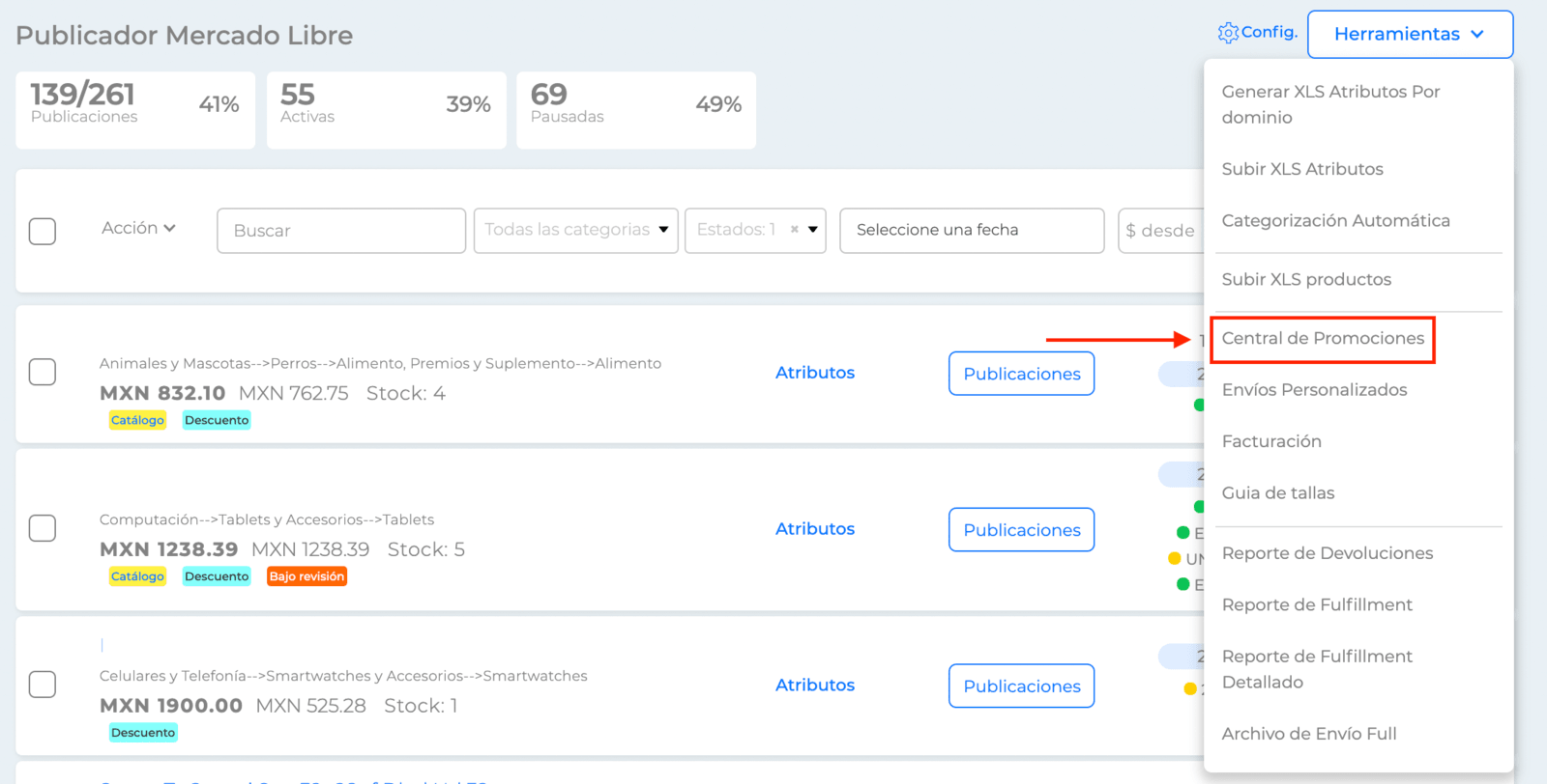 Botón Herramientas del publicador Mercado Libre