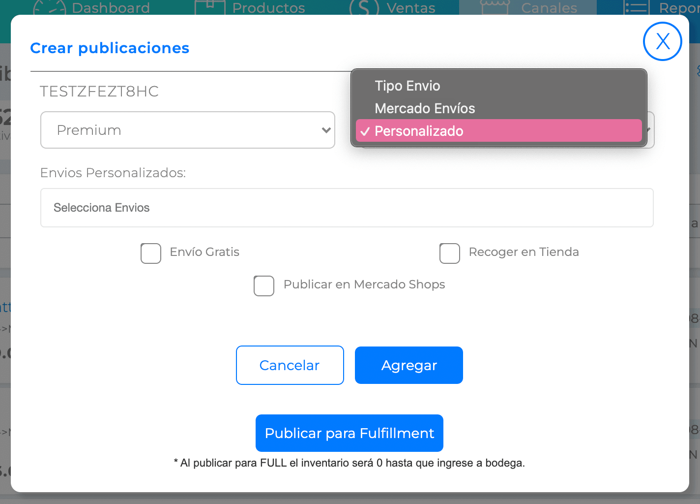 Crear publicación: Selección de tipo de envío