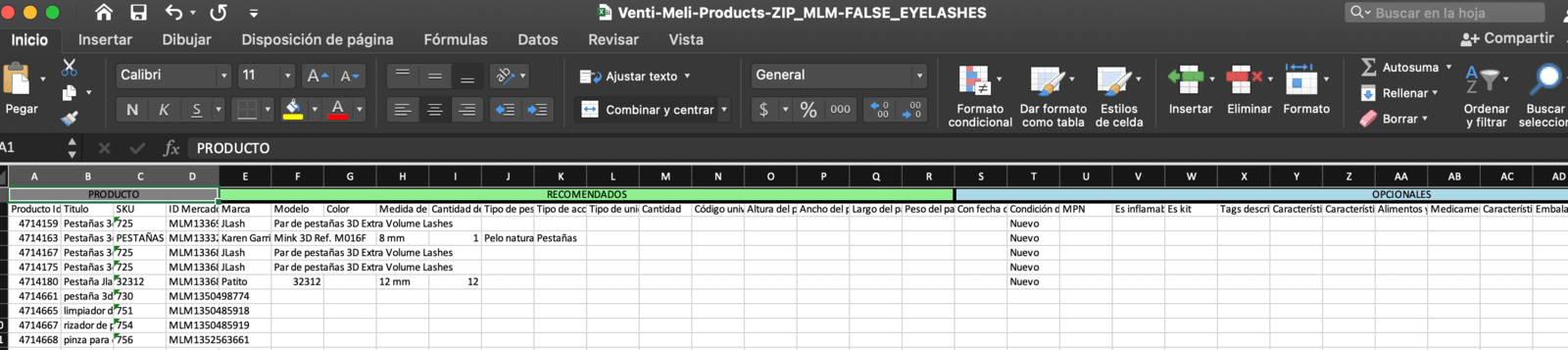 Excel por categoría