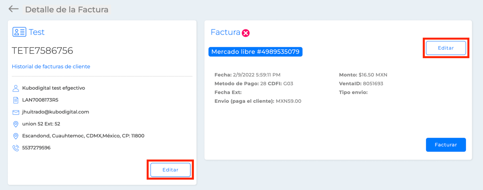 Editar información de la factura