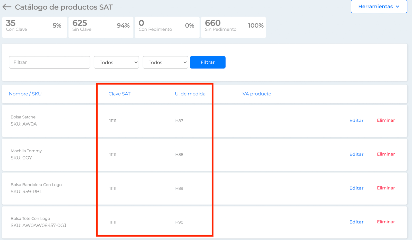 Clave SAT y U. de medida registrado