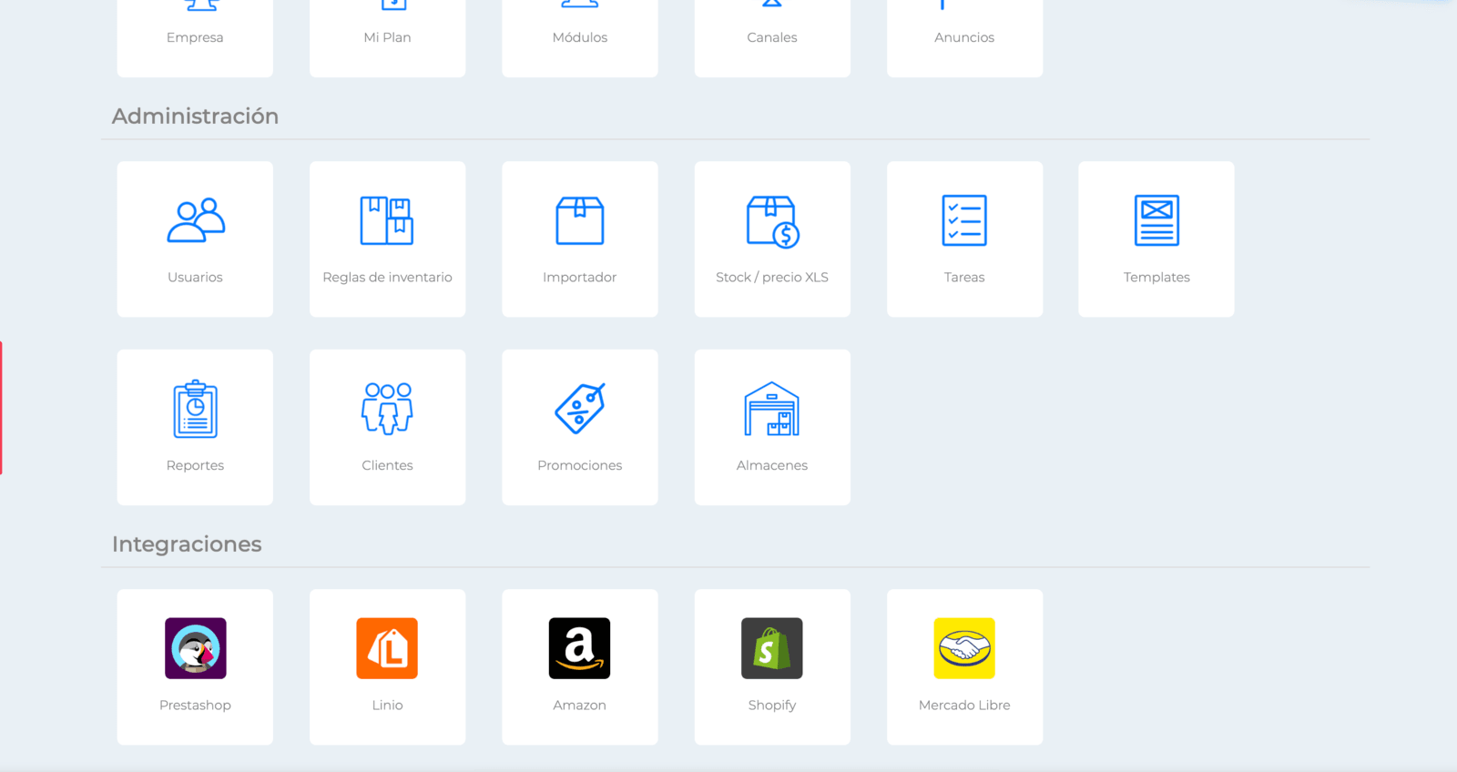 Pantalla de Configuración - Sección de Integraciones
