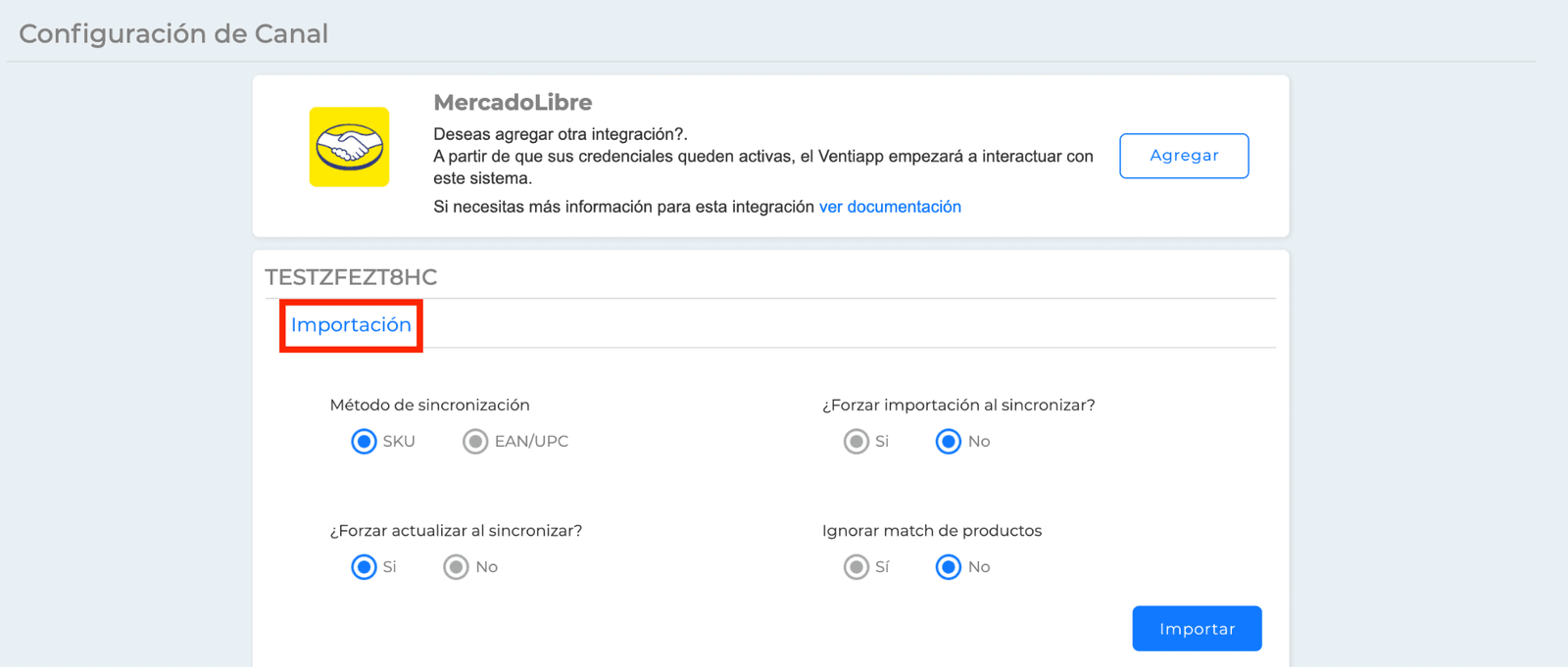 Configuración de canal de Mercado Libre