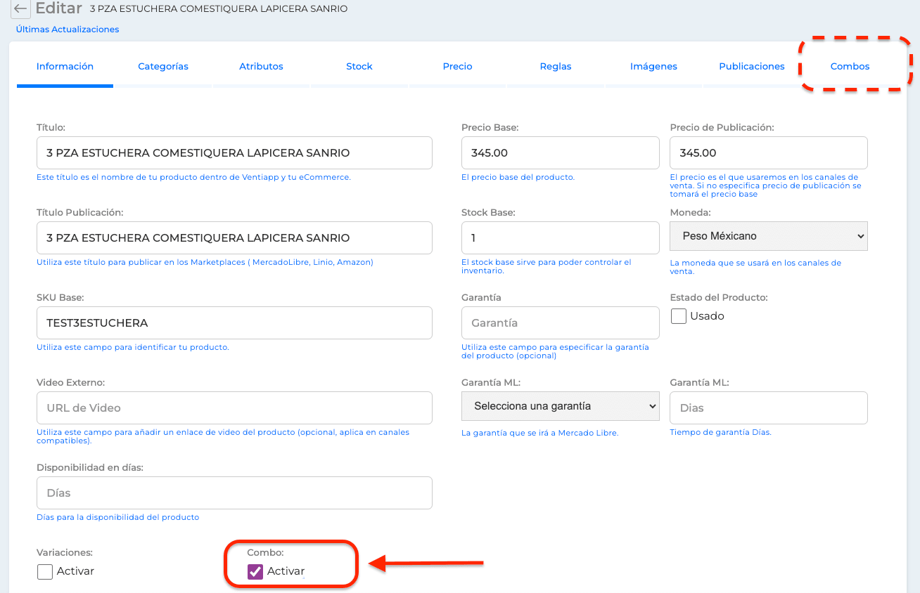 Editor del producto >> Combo >> Activar