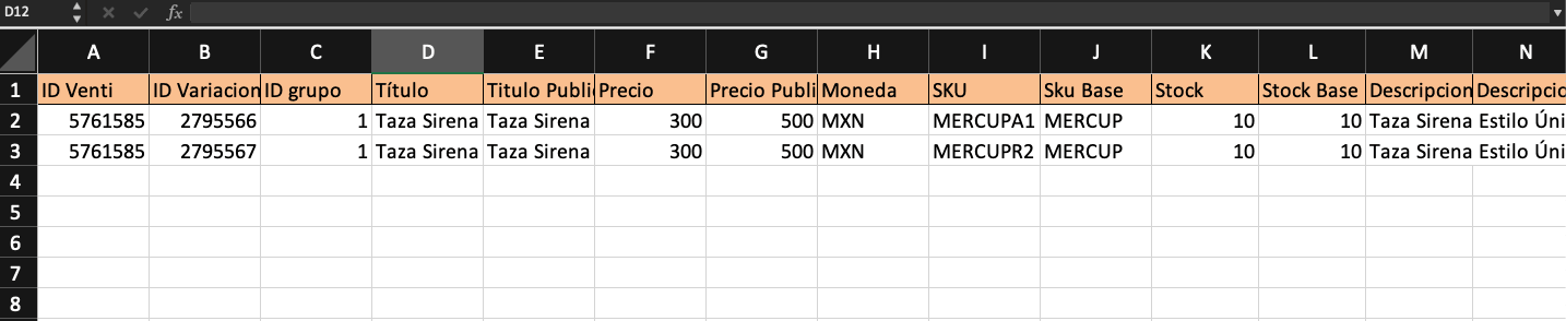 Archivo XLS (producto al que se le agregarán variaciones)