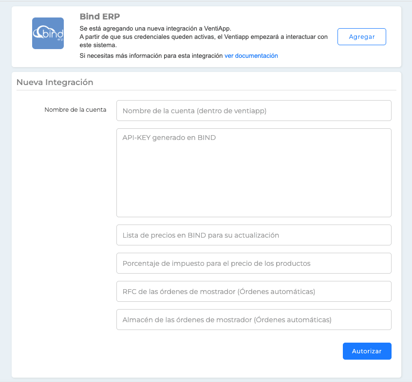 Credenciales y conexión Bind ERP