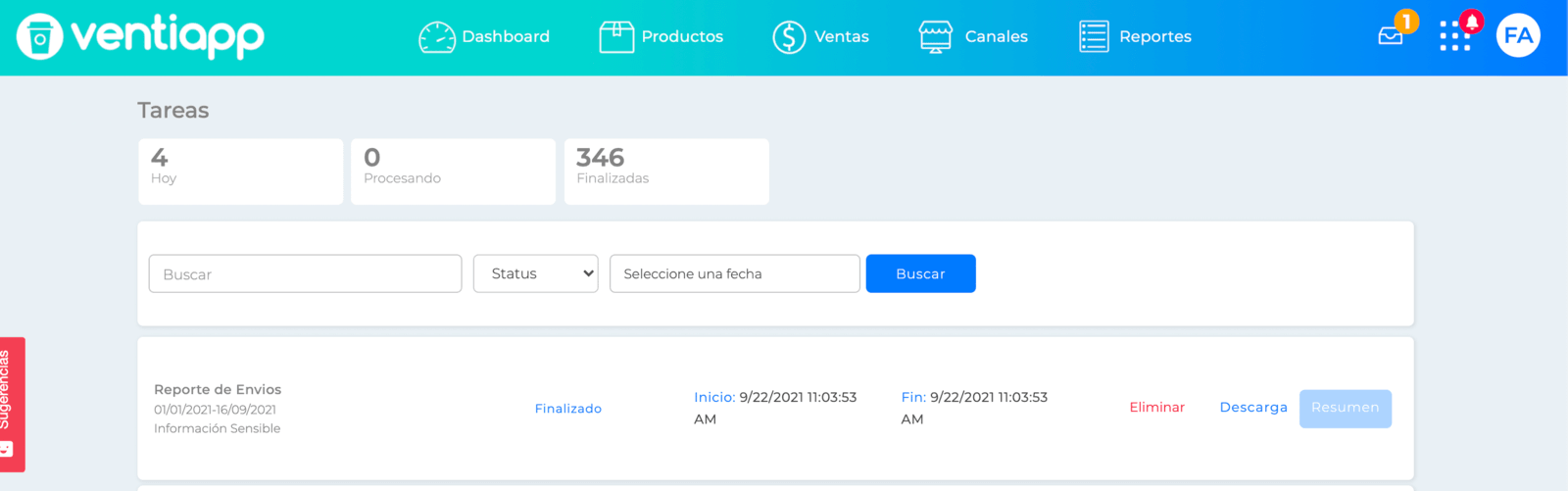 Tareas: Reporte finalizado