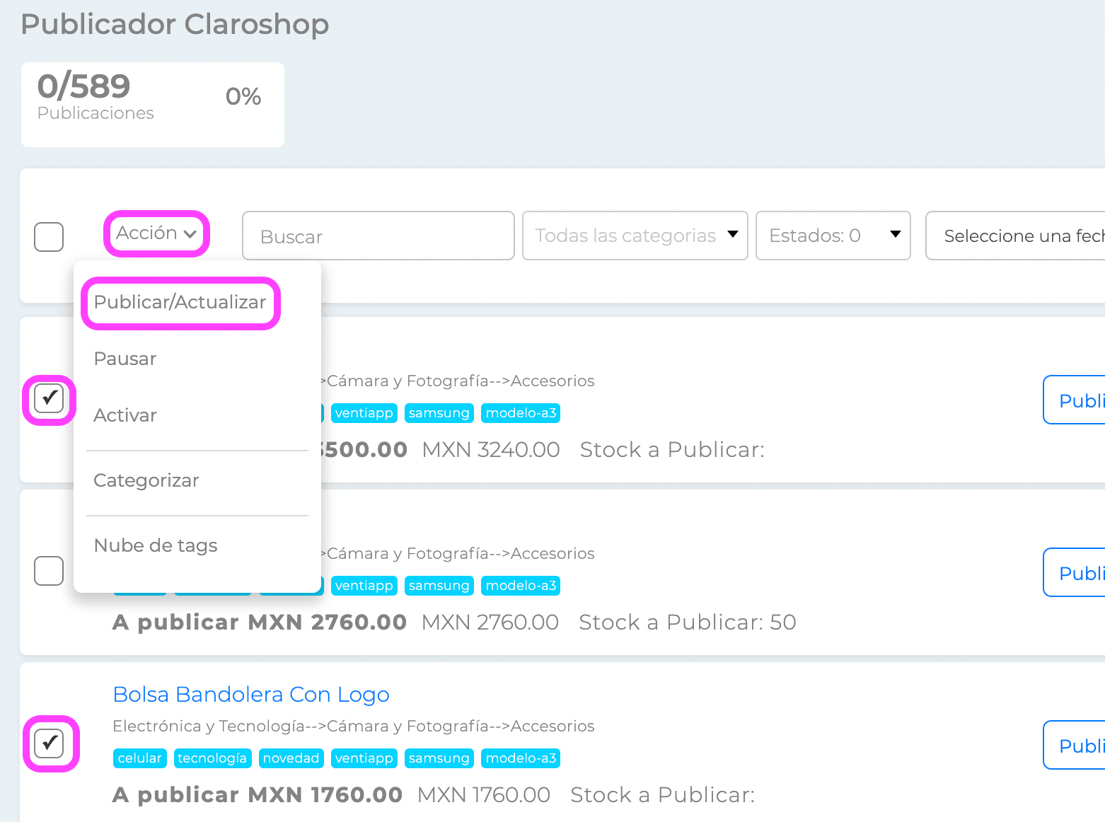 Publicar/actualizar en Claroshop