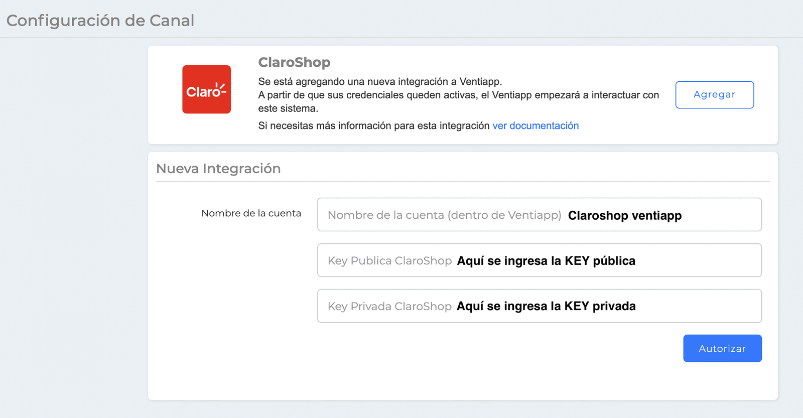Configuración de integración en Ventiapp CS