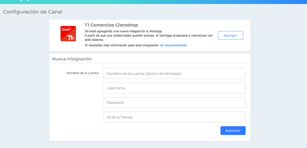 Pantalla de conexión de T1 Comercios