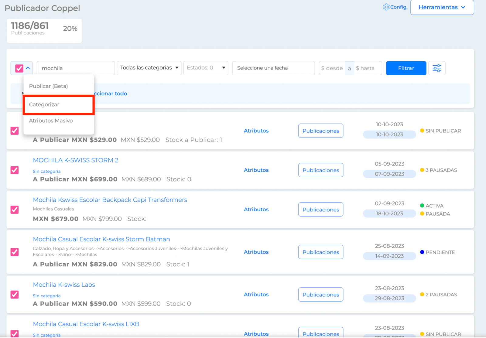 Botón Acción > Categorizar