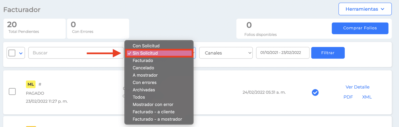Facturador: Sin solicitud