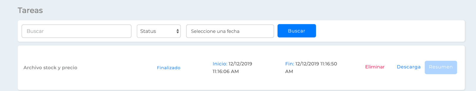 Pantalla de Tareas para descargar el archivo de stock y precio