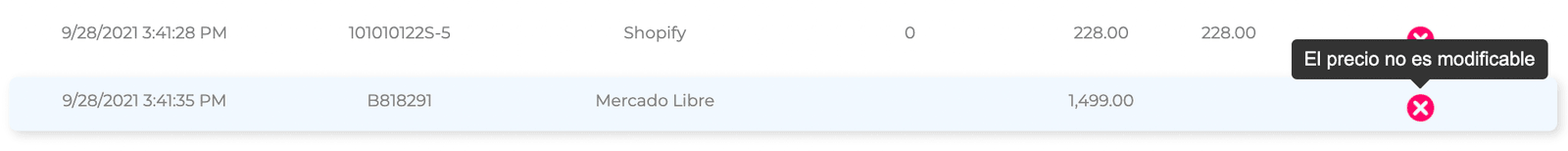 Error en la actualización porque el precio no es modificable debido a que se encuentra en oferta.