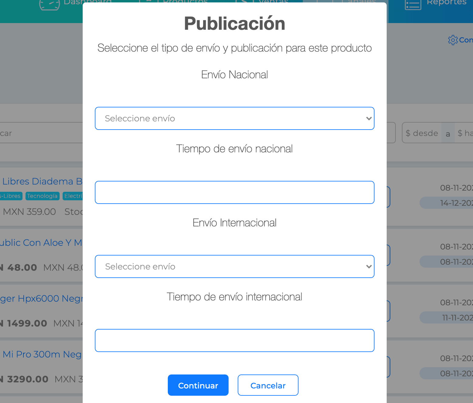 Selección de envíos en Wish: Nacional/Internacional