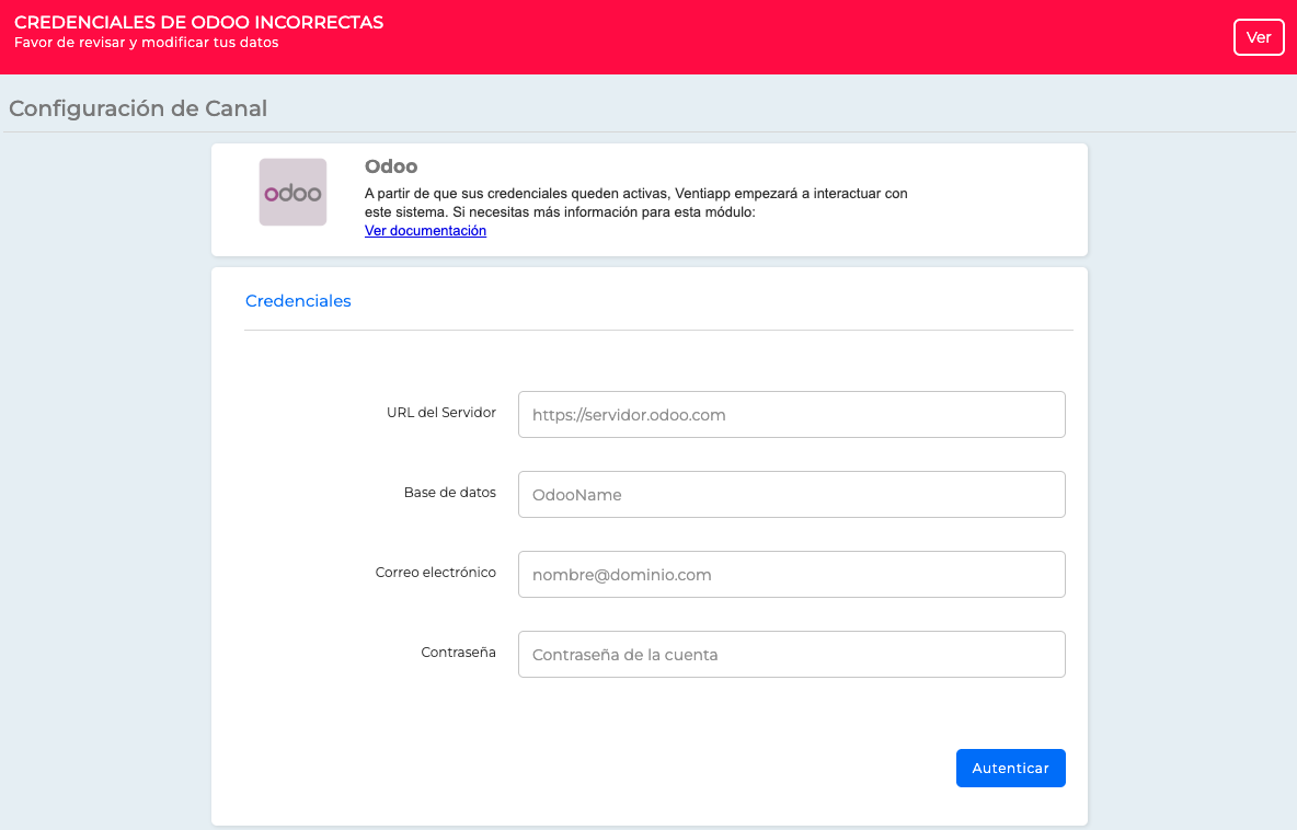 Credenciales de Odoo incorrectas