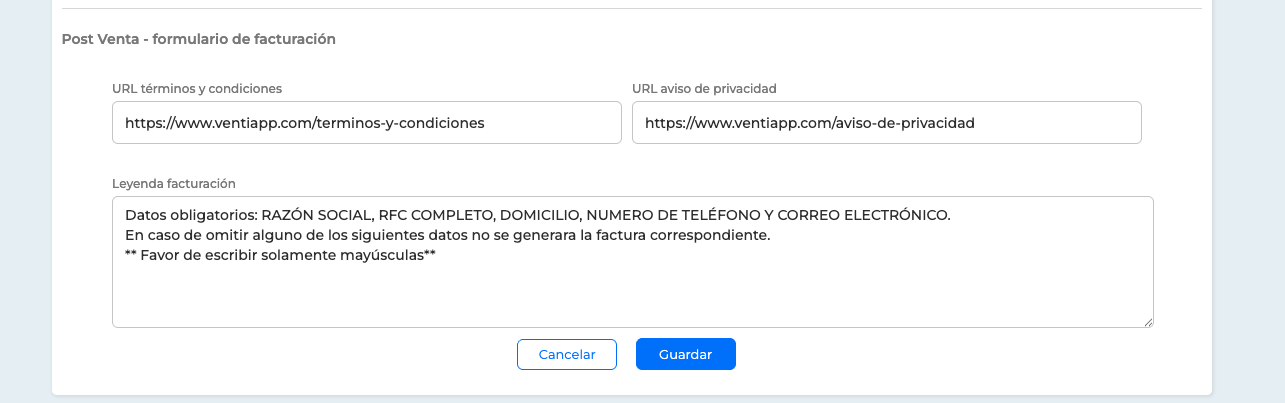 Configuración de formulario facturación Ventiapp - Legales
