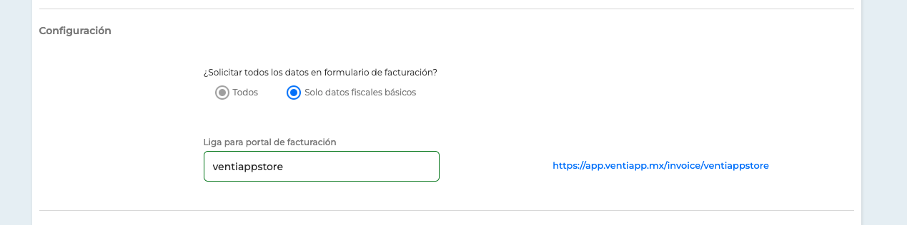Configuración formulario de facturación Ventiapp - Liga de portal