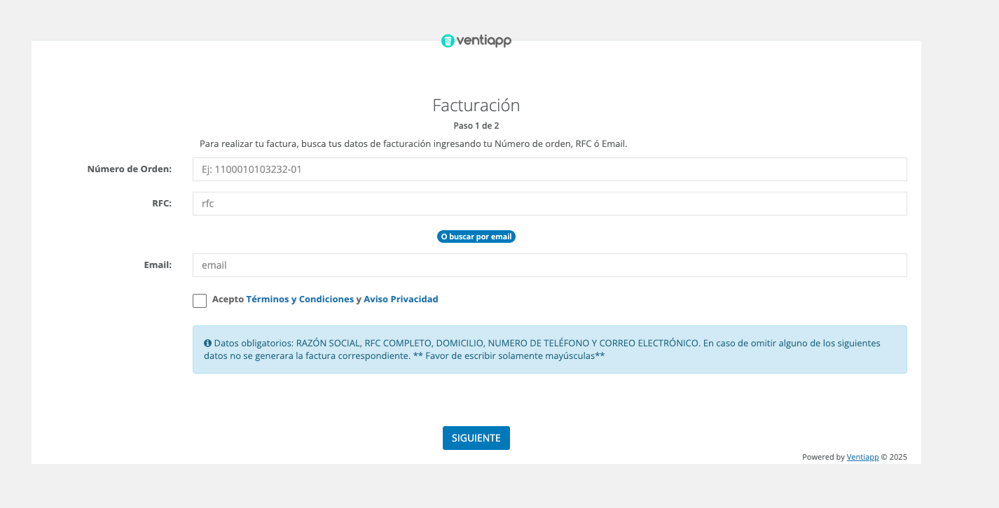 Portal de facturación de Ventiapp