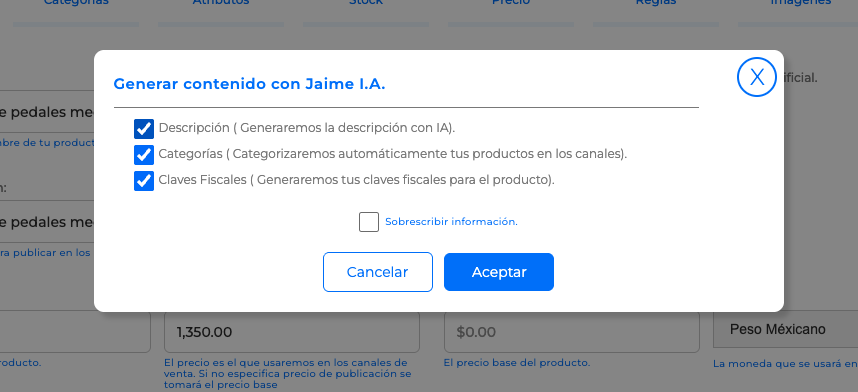 Opciones generar contenido con Jaime I.A.