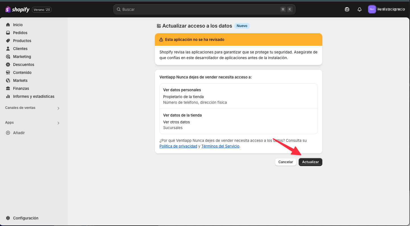 Shopify  - Actualizar acceso a datos