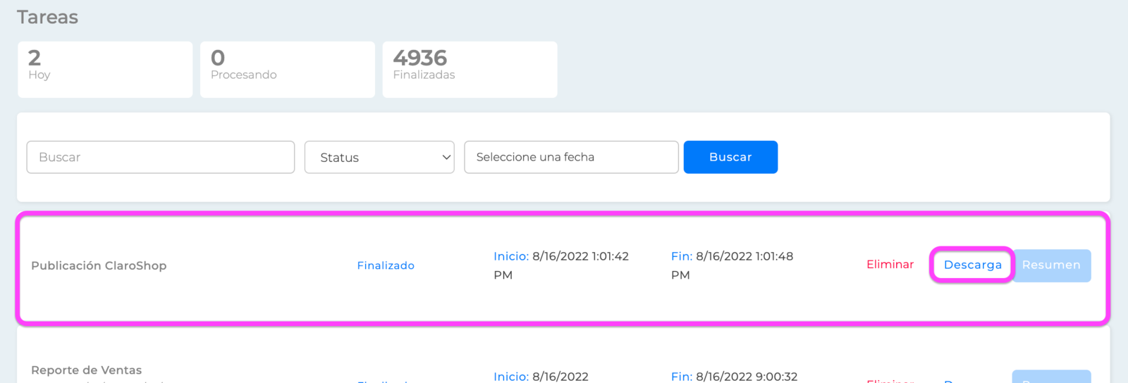 Sección Tareas