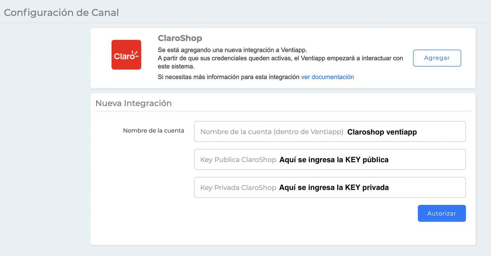 Configuración de integración en Ventiapp CS