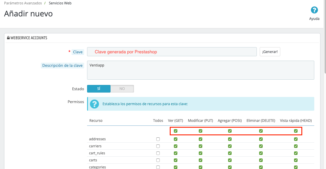 Configuración para la clave de Prestashop (1.7.4.2)