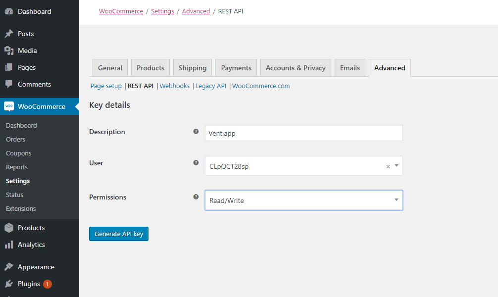 Configuración de las API keys antes de generarlas