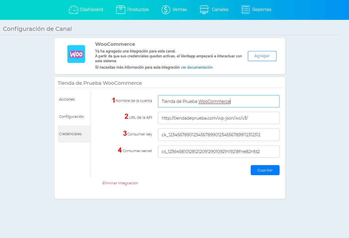 Pantalla para Ingresar las API keys de WooCommerce en Ventiapp