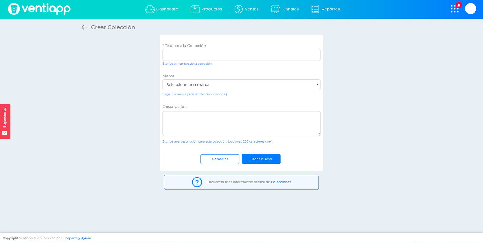 Pantalla para crear una colección nueva