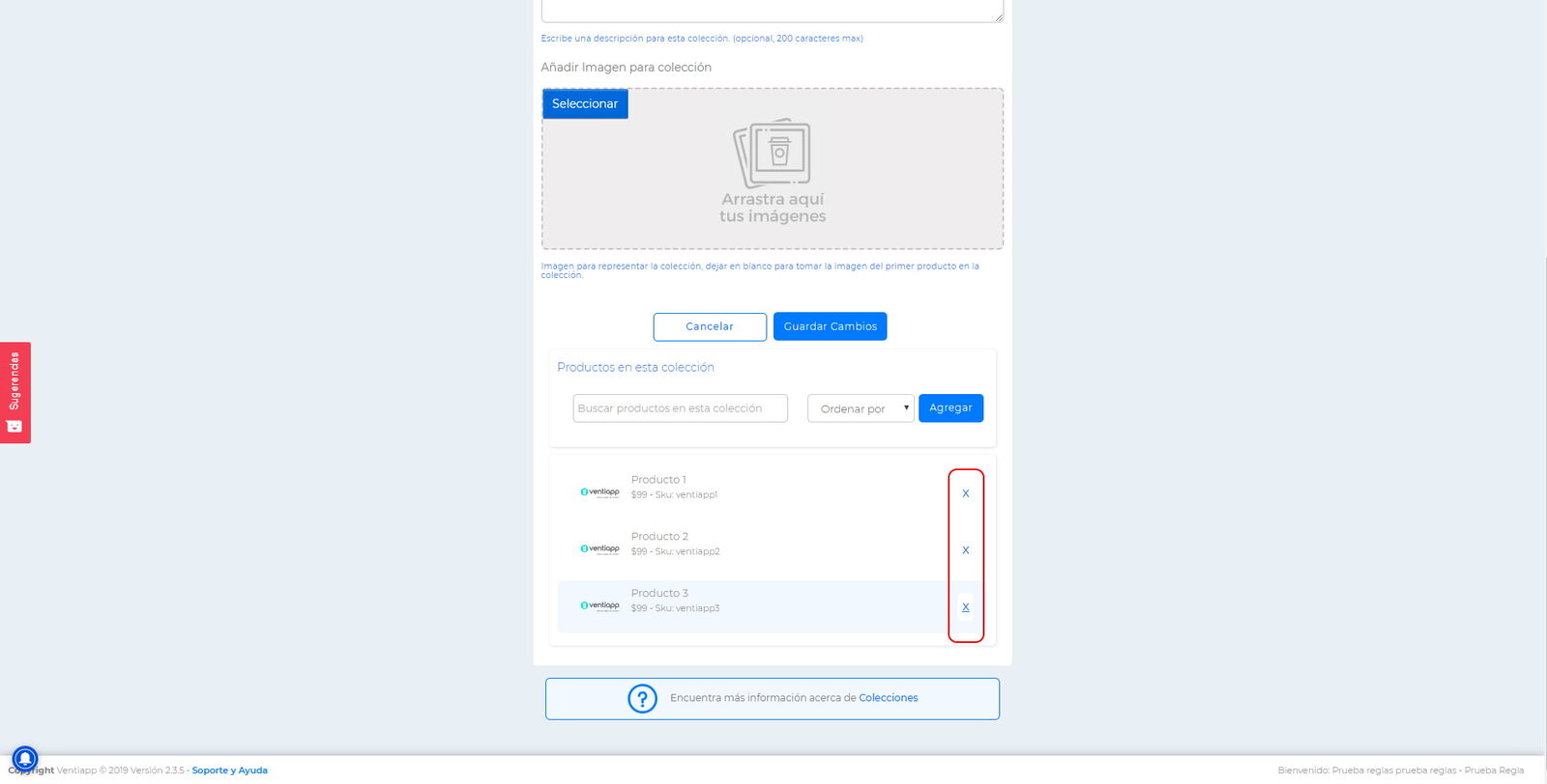Botón para eliminar el producto de la colección