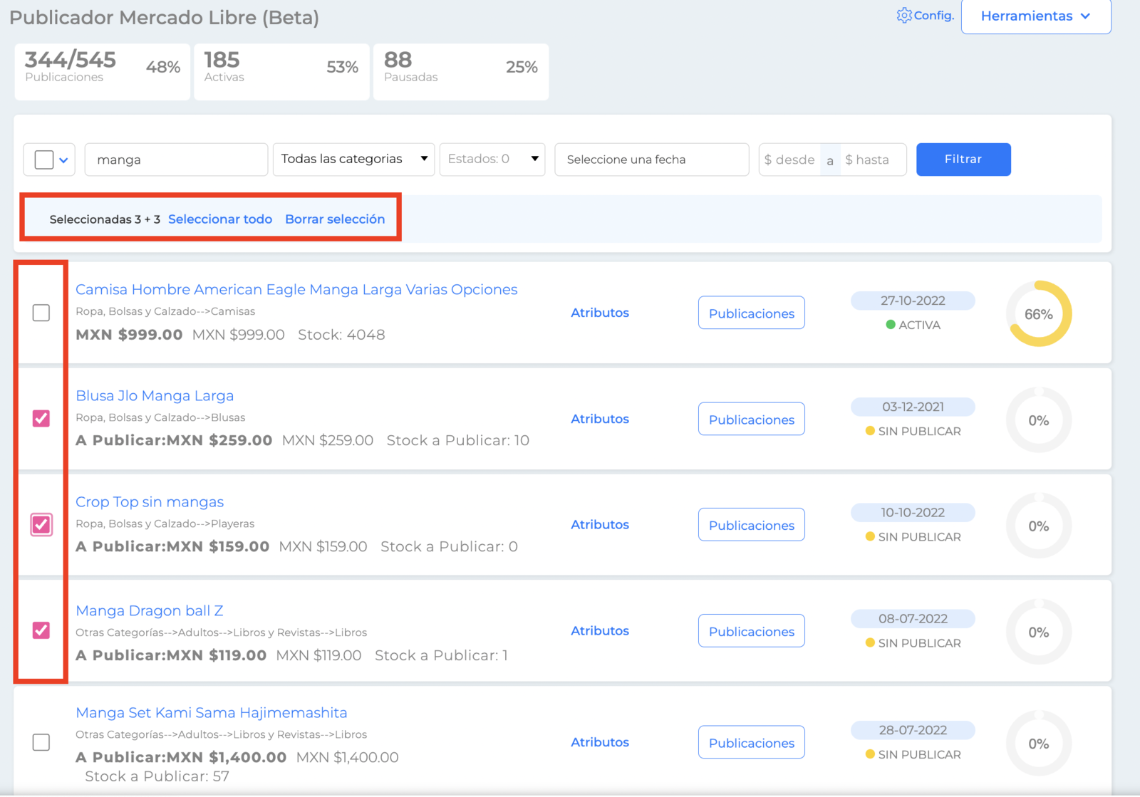 Seleccionar productos de diferentes páginas
