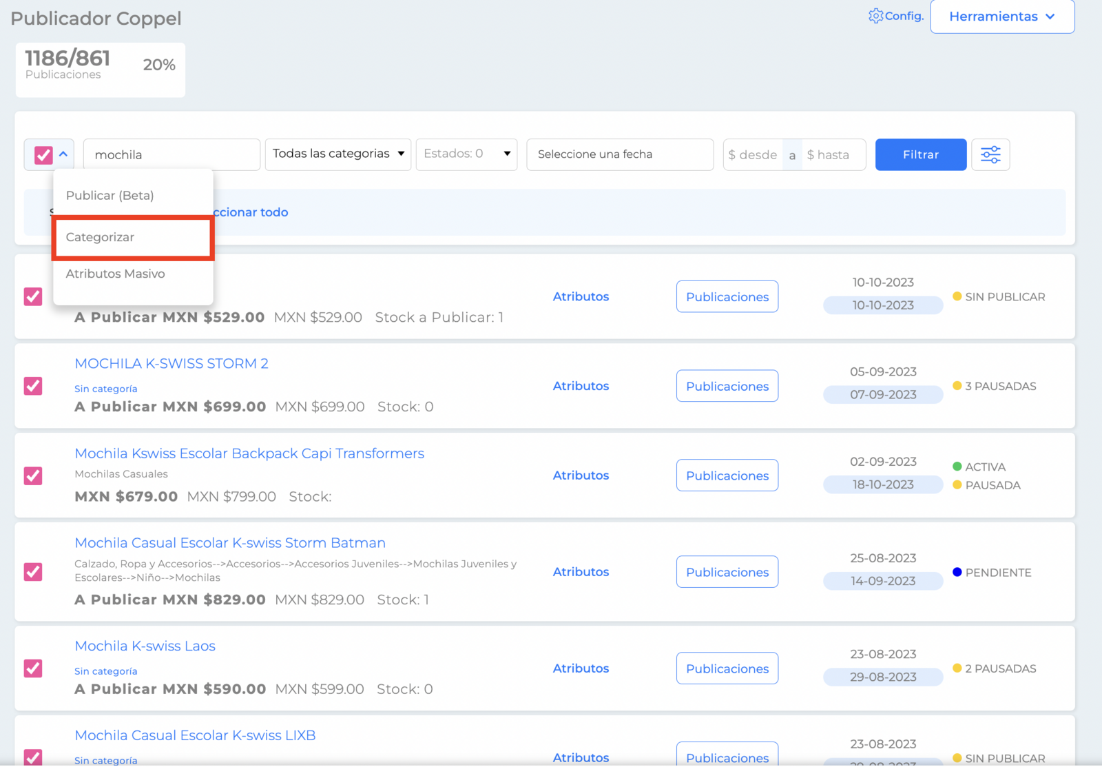 Botón Acción > Categorizar
