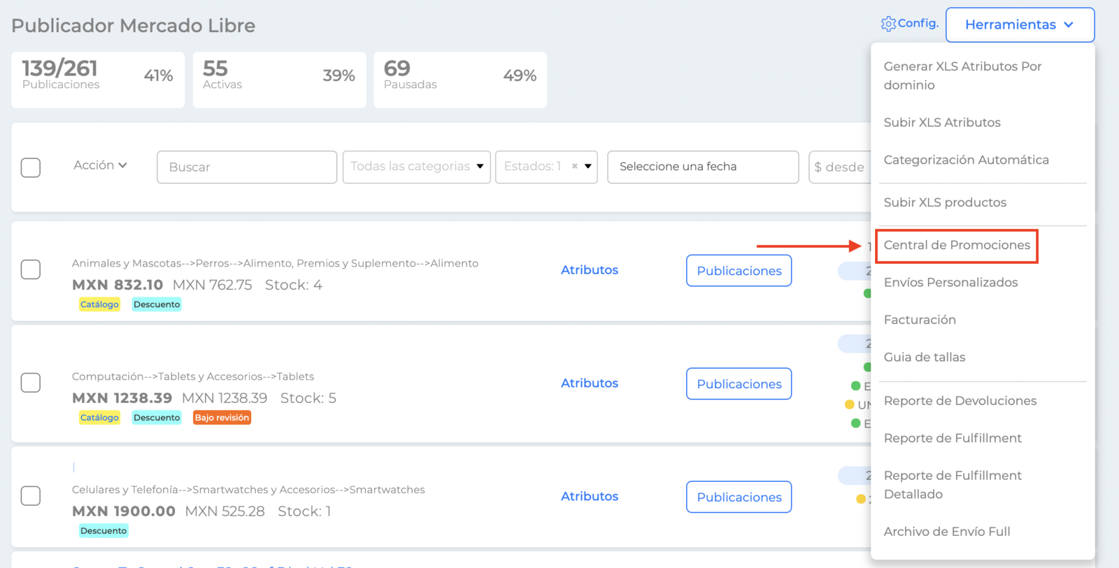 Botón Herramientas del publicador Mercado Libre
