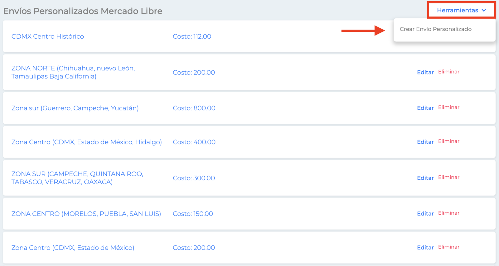 Listado de Envíos Personalizados/Crear Envío Personalizados