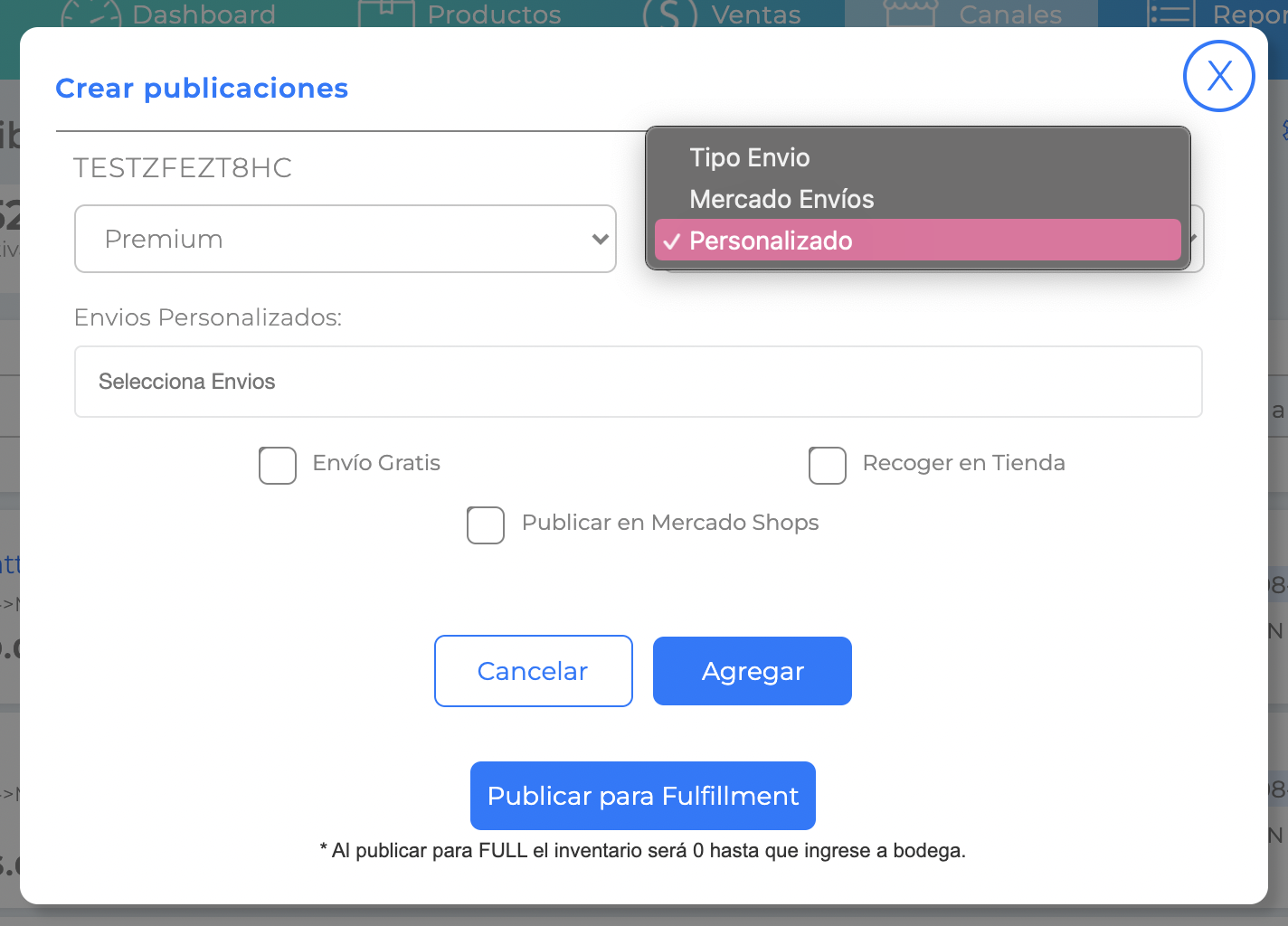 Crear publicación: Selección de tipo de envío