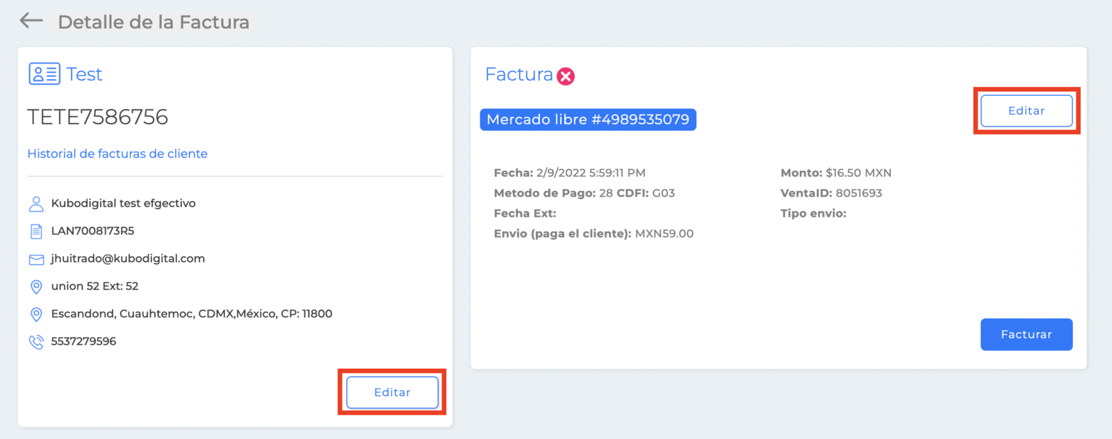 Editar información de la factura