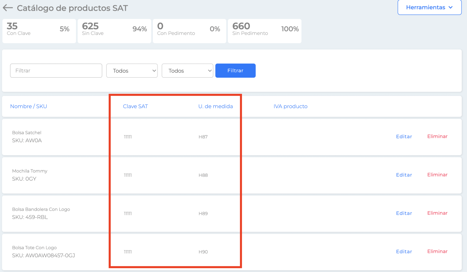 Clave SAT y U. de medida registrado