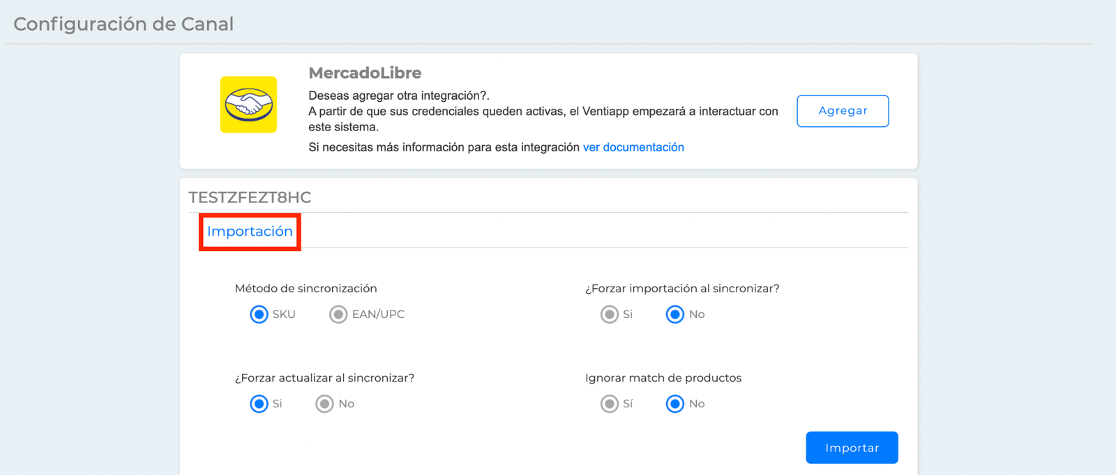 Configuración de canal de Mercado Libre