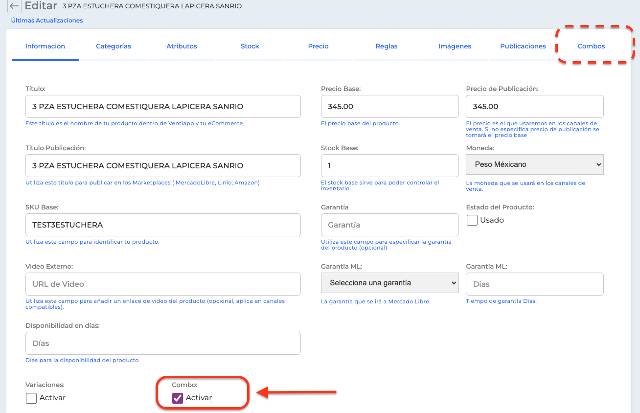 Editor del producto >> Combo >> Activar